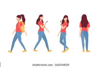 Young woman in casual clothes standing in different poses, Women and social media communication with gadget. isolated on white background -  Vector illustration.