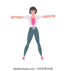 Young Woman in Casual Clothes Standing with her Arms Outstretched, Welcome, Solidarity, Friendship and Charity Concept Cartoon Style Vector Illustration