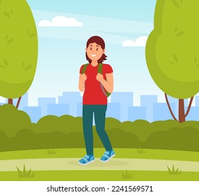 Young woman in casual clothes walking with backpack in park flat vector