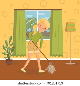 Young woman in casual clothing cleaning the floor with a mop in living room, vintage cozy home interior vector Illustration