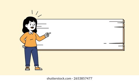 A young woman in casual clothing pointing and presenting information on a blank whiteboard with a warm yellow background