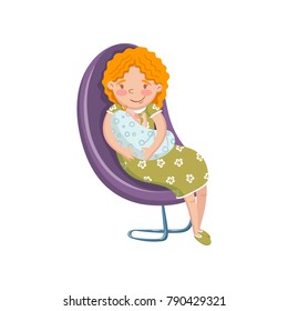 Young woman in casual clothing sitting at chair with newborn baby cartoon vector Illustration