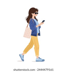 Young woman in casual clothing walking and using her smartphone. Character holding a mobile phone in her hands, surfing internet and chatting. isolated vector illustration on white background.