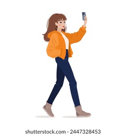 Young woman in casual clothing walking and using her smartphone. Character holding a mobile phone in her hands and taking a selfie. isolated vector illustration on white background.