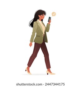 Young woman in casual clothing walking and using her smartphone. Character holding a mobile phone in her hands, surfing internet and chatting. isolated vector illustration on white background.