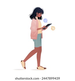 Young woman in casual clothing walking and using her tablet. Character holding a gadget in her hands, surfing internet, shopping in online store. isolated vector illustration on white background.