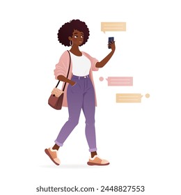 Young woman in casual clothing walking and using her smartphone. Female character holding a mobile phone in her hands, making selfie, surfing internet, chatting. isolated vector illustration on white.