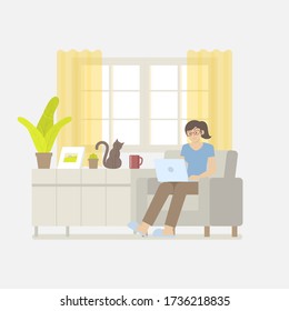 Young woman in casual clothing working at home with laptop computer on armchair in a living room interior with window, curtain, cabinet, picture frame, plant, coffee mug and cat in flat cartoon style