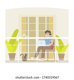 Young woman in casual clothing working at home with laptop computer on balcony with railing, door, curtain, pillow, plant, cat and birds in flat cartoon style