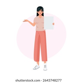 Young woman in casual outfit holding blank poster, presenting, modern vector illustration, isolated on white