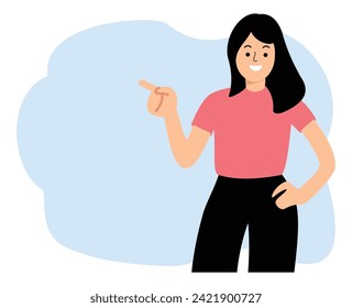 young woman in casual shirt showing pointing finger to blank space