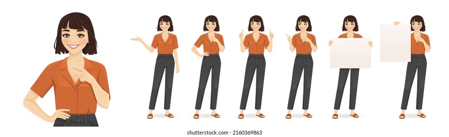 Young woman casual style clothes in different poses set. Various gestures - pointing, showing, holding empty blank board. Isolated vector ilustration