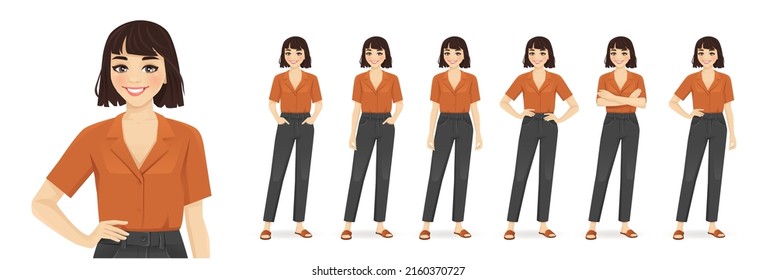 Ropa de estilo casual de mujer joven con poses diferentes. Conjunto de ilustraciones vectoriales aisladas.