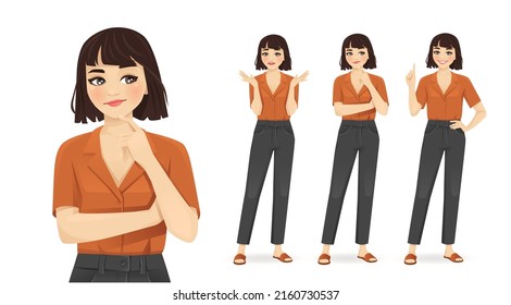 Young woman casual style clothes frustrated, thinking and making idea pointing up isolated on white background vector illustration