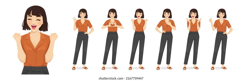 Young woman casual style clothes showing positive emotions with different gestures. Isolated vector ilustration set.