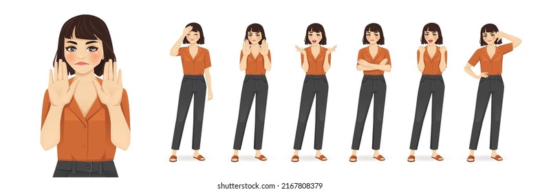 Mujer joven con ropa de estilo casual que muestra emociones negativas con diferentes gestos. Conjunto de ilustraciones vectoriales aisladas.