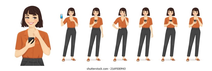 Young woman casual style clothes holding mobile phone, talking, texting and showing empty sreen isolated vector illustration