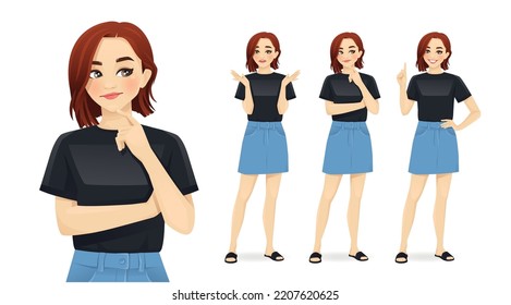 Young woman casual style clothes frustrated, thinking and making idea pointing up isolated on white background vector illustration