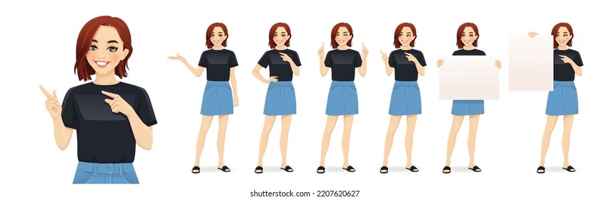 Joven con ropa de estilo casual en diferentes poses. Diversos gestos - apuntando, mostrando, sosteniendo la ilustración vectorial aislada en blanco vacío