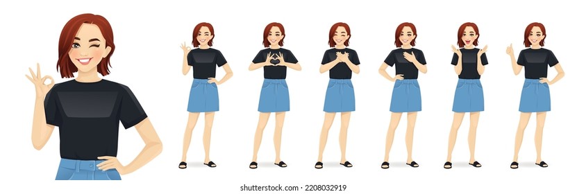 Young woman casual style clothes showing positive emotions with different gestures. Isolated vector illustration set.