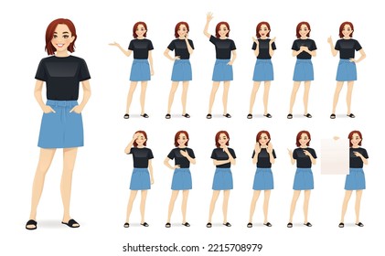 Young woman casual style clothes set different gestures isolated vector illustration