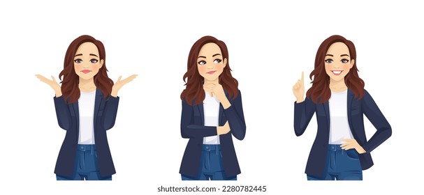 Young woman casual style clothes frustrated, thinking and making idea pointing up isolated vector illustration
