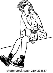 Young woman Casual style street wear Hipster people Hand drawn Line art illustration