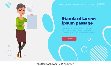 Young woman in casual wear holding blank document. Female cartoon character pointing at sheet of paper. Vector illustration. Business, advertising concept for website design or landing page