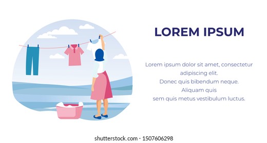 Young Woman, Casually Dressed, Trying to Keep Household Alone, Hanging Clean Laundry up on Line Outdoors, Taking It out of Pink Basket. Banner Illustration with Copy Space for Your Text.