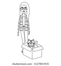 young woman with cat in the box characters