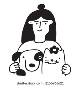 Young woman with cat and dog. Vector outline illustration on white background. 