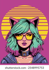 Young woman with cat ear. The design captures a retro-futuristic vibe with a neon color palette, a glowing yellow striped background.  Vector Design illustration