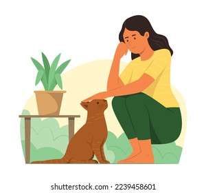 Young Woman and Cat Living Outdoor