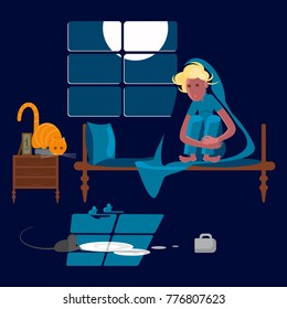 Young woman with cat at night in the dark on a bed scared of a mouse, mice phobia, vector illustration eps 10