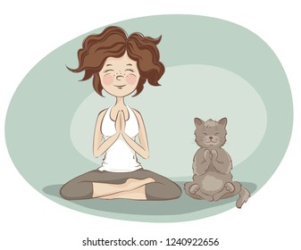 Young woman and cat  practicing yoga / Funny vector illustration on the theme of health and sport