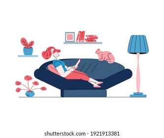 Young woman and cat relaxing on living room sofa isolated on white background. Cozy home furniture and cartoon girl holding laptop lying on couch - flat vector illustration