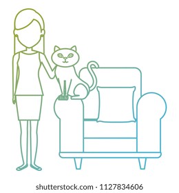 young woman with cat in the sofa characters
