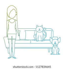 young woman with cat in the sofa characters