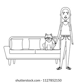 young woman with cat in the sofa characters