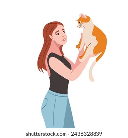 Young woman with cat vector illustration portrait. Playing with pets, spending time with cat concept