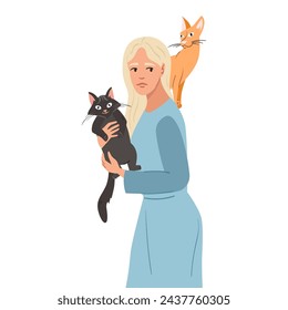 Young woman with cat vector illustration portrait. Playing with pets, spending time with cats concept