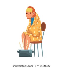 Young Woman Catch Cold, Sick Girl with Flu Sitting under Cozy Plaid Heating her Feet in Basin with Hot Water Cartoon Vector Illustration