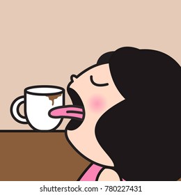 Young Woman Catching The Last Drop Of Coffee Concept Card Character illustration