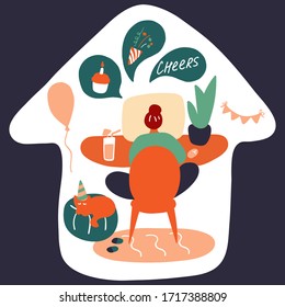 Young woman celebrates her birthday in quarantine. Remote online party, video conference, group chat. Online holiday greetings. Hand drawn flat illustration