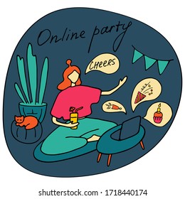 Young woman celebrates her birthday in quarantine. Remote online party, video conference, group chat. Online holiday greetings. Hand drawn flat illustration