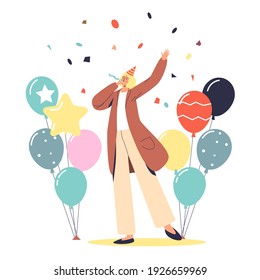 Young woman celebrating birthday or holiday event with confetti and colorful balloons wearing cone hat. Festive event celebration concept. Flat vector illustration