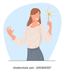 Young woman celebrating Christmas and New Year with sparklers in hands. Flat vector illustration of people holding festive fireworks with sparks isolated on white background.