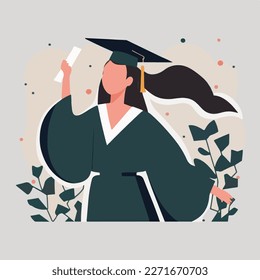 Joven celebrando su graduación. Graduado con diploma y título de graduado. Concepto de diseño de póster de graduación feliz o de plantilla de tarjeta. Ilustración vectorial plana