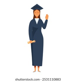 Young woman is celebrating her graduation ceremony, holding her diploma and waving