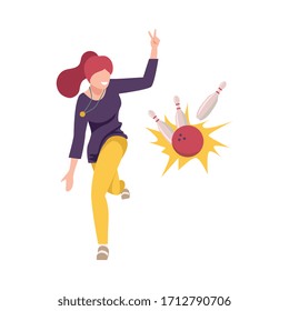 Young Woman Celebrating Her Win in Bowling Game Competition Flat Vector Illustration